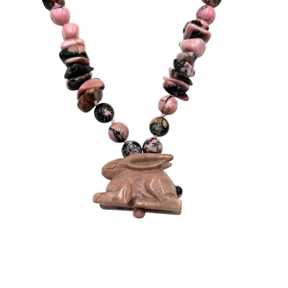 Pink Rhodonite Rabbit Pendant Natural Stone Necklacece - Picture 3 of 4
